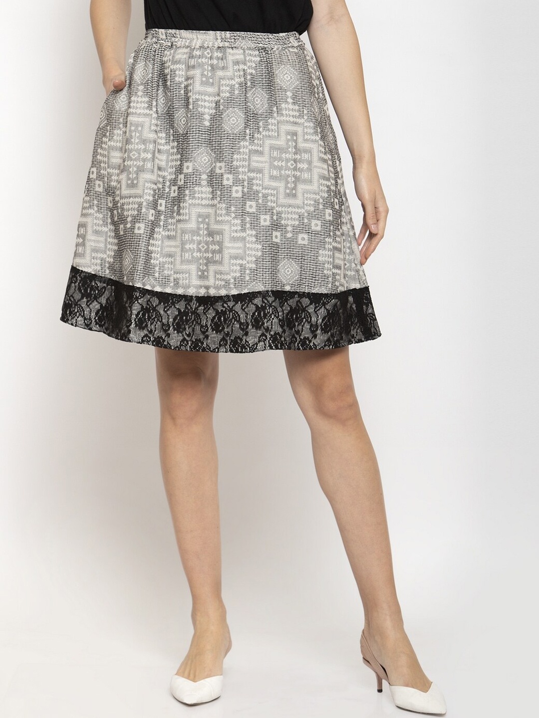 

Purple State Women Grey & White Self Design A-Line Mini Skirt