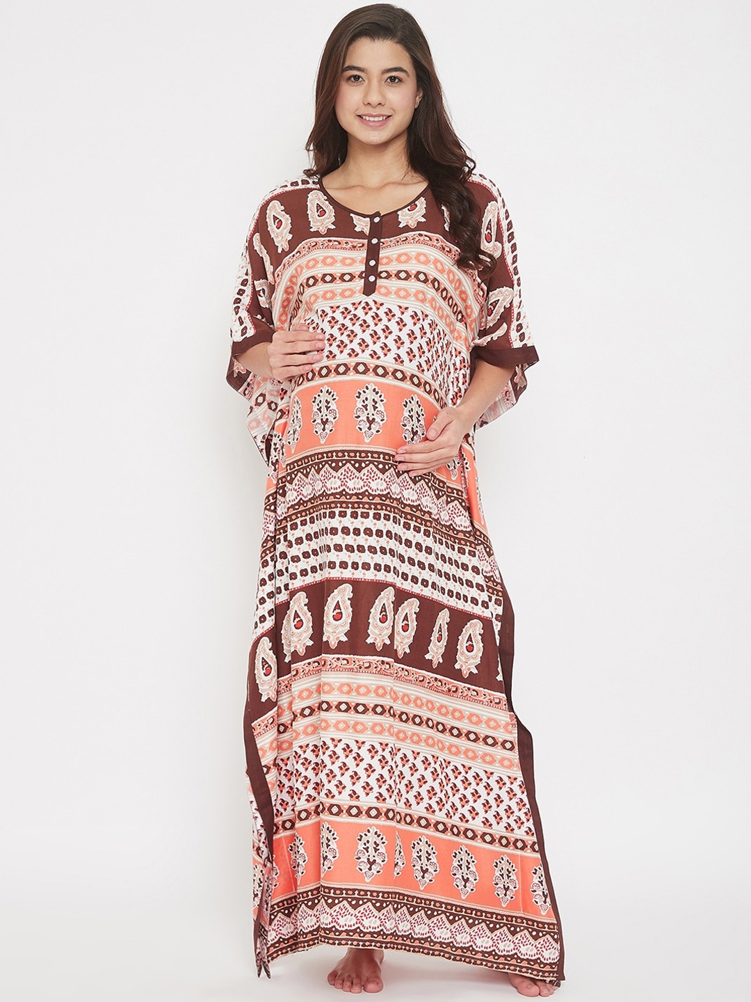 

The Kaftan Company Women Brown & White Printed Maxi Maternity Nightdress
