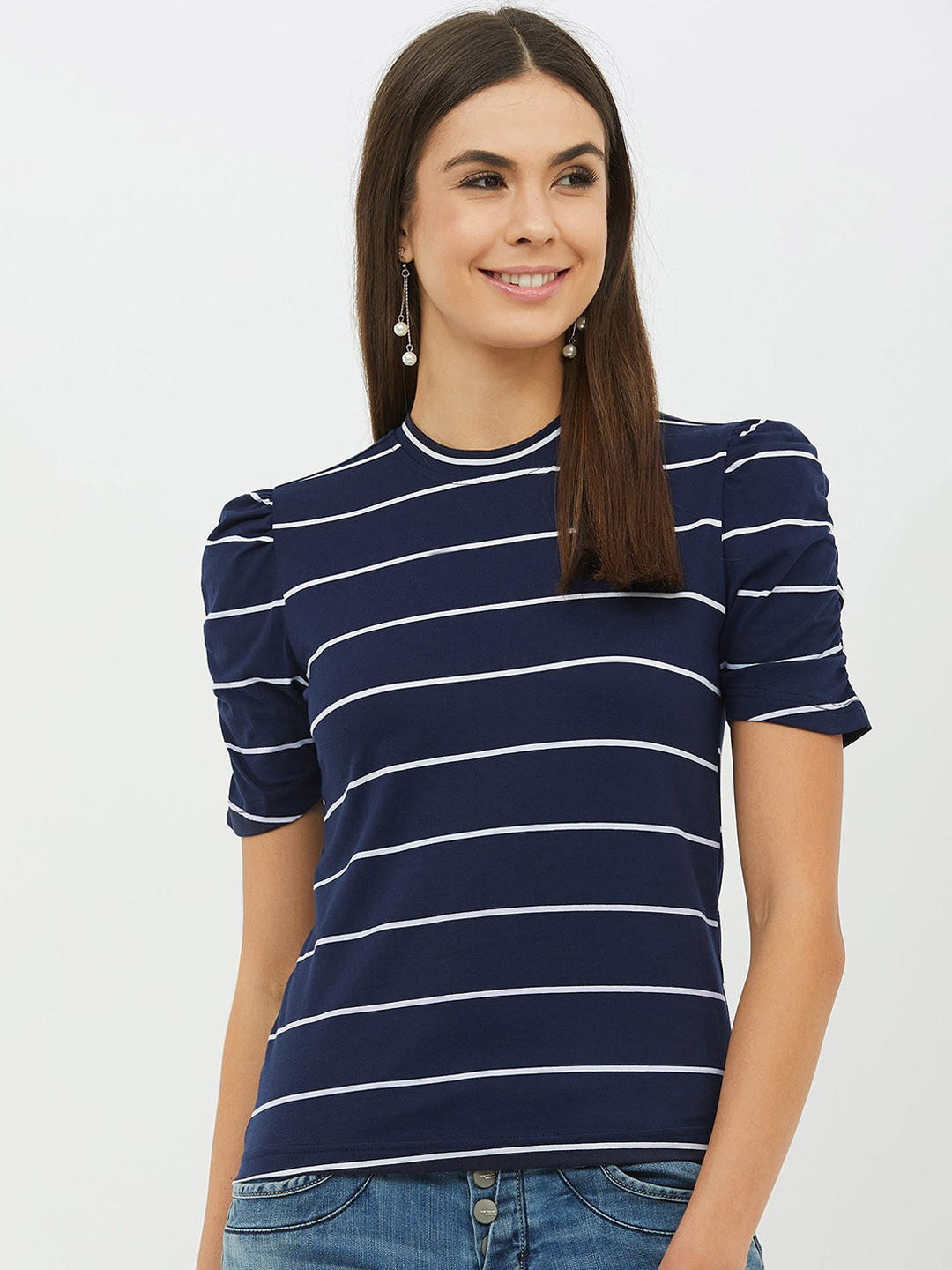 

Harpa Women Navy Blue Striped Round Neck T-shirt