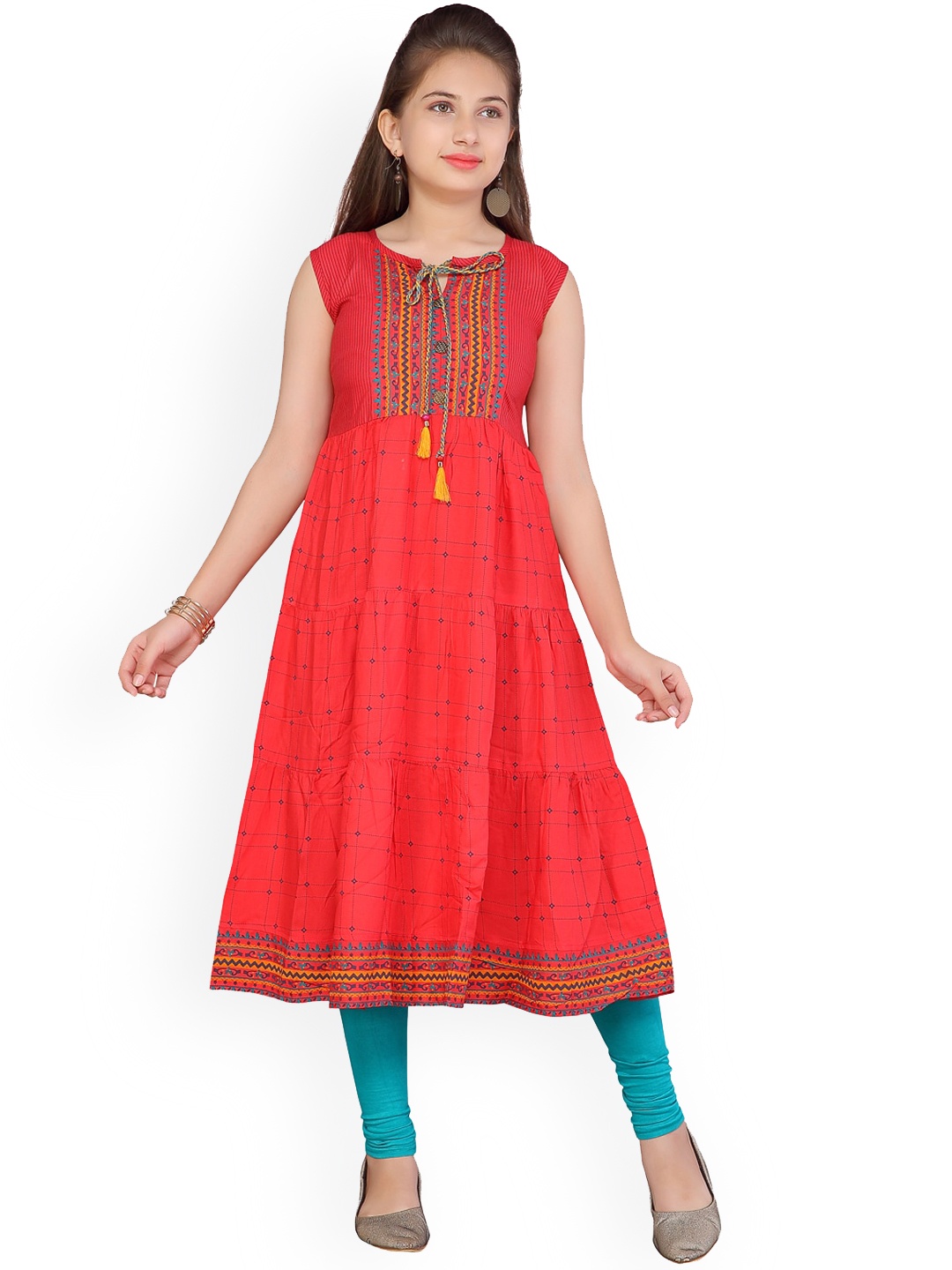 

Aarika Girls Red & Blue Printed Kurta with Churidar