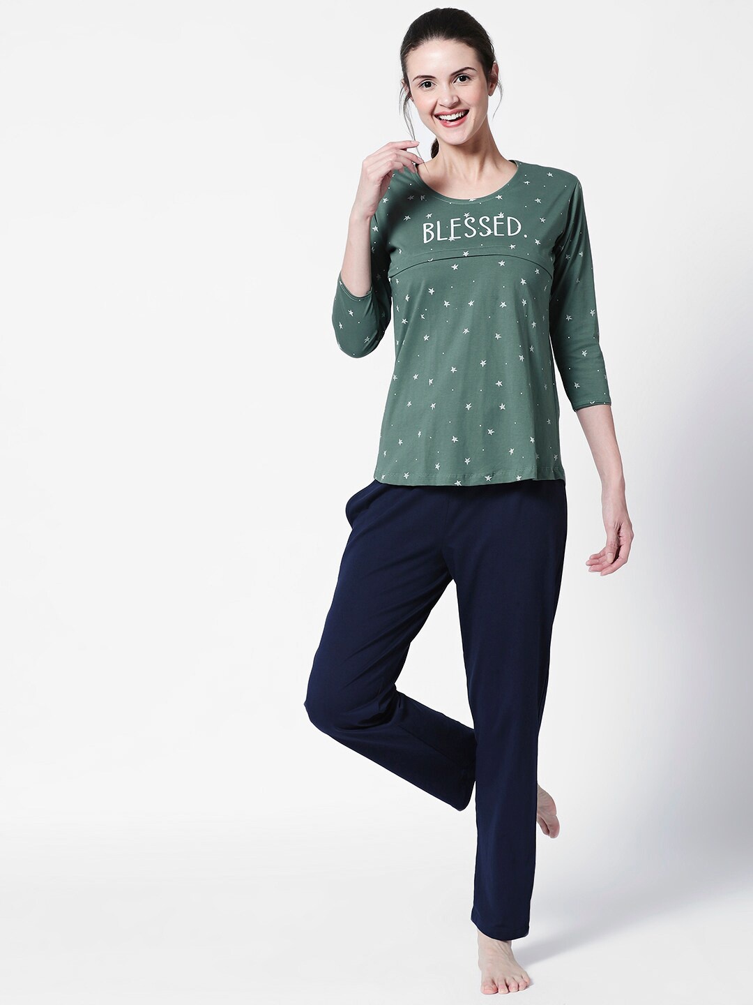 

Zeyo Women Green & Navy Blue Printed Maternity Night Suit