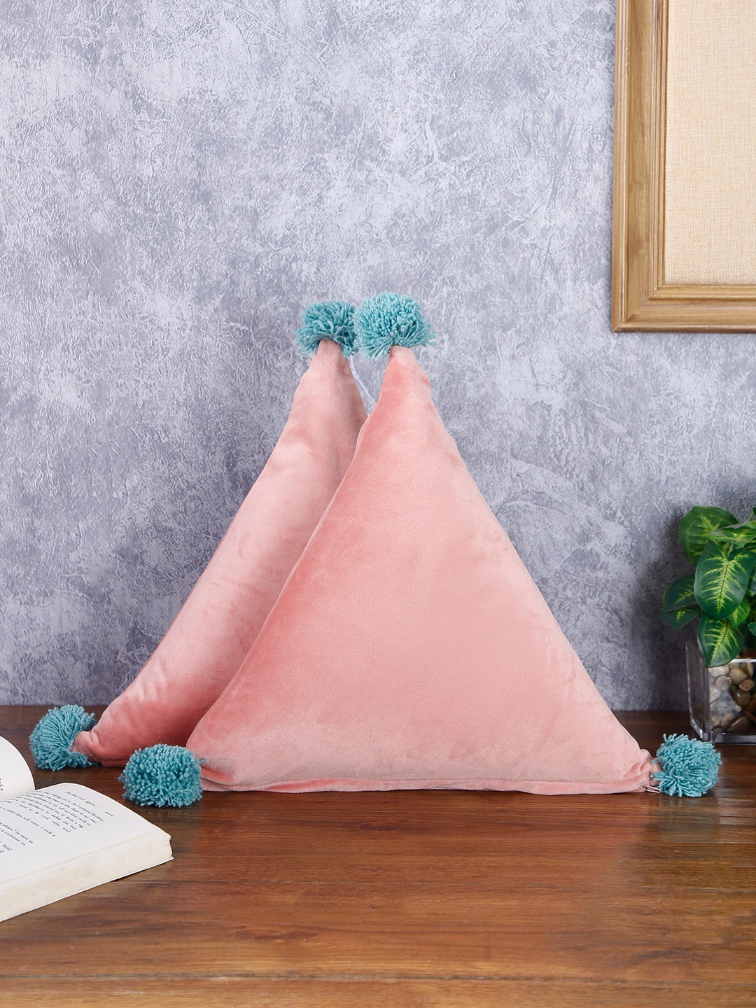 

eyda Set of 2 Peach-Coloured Solid Super Soft Velvet Triangle Filled Cushions