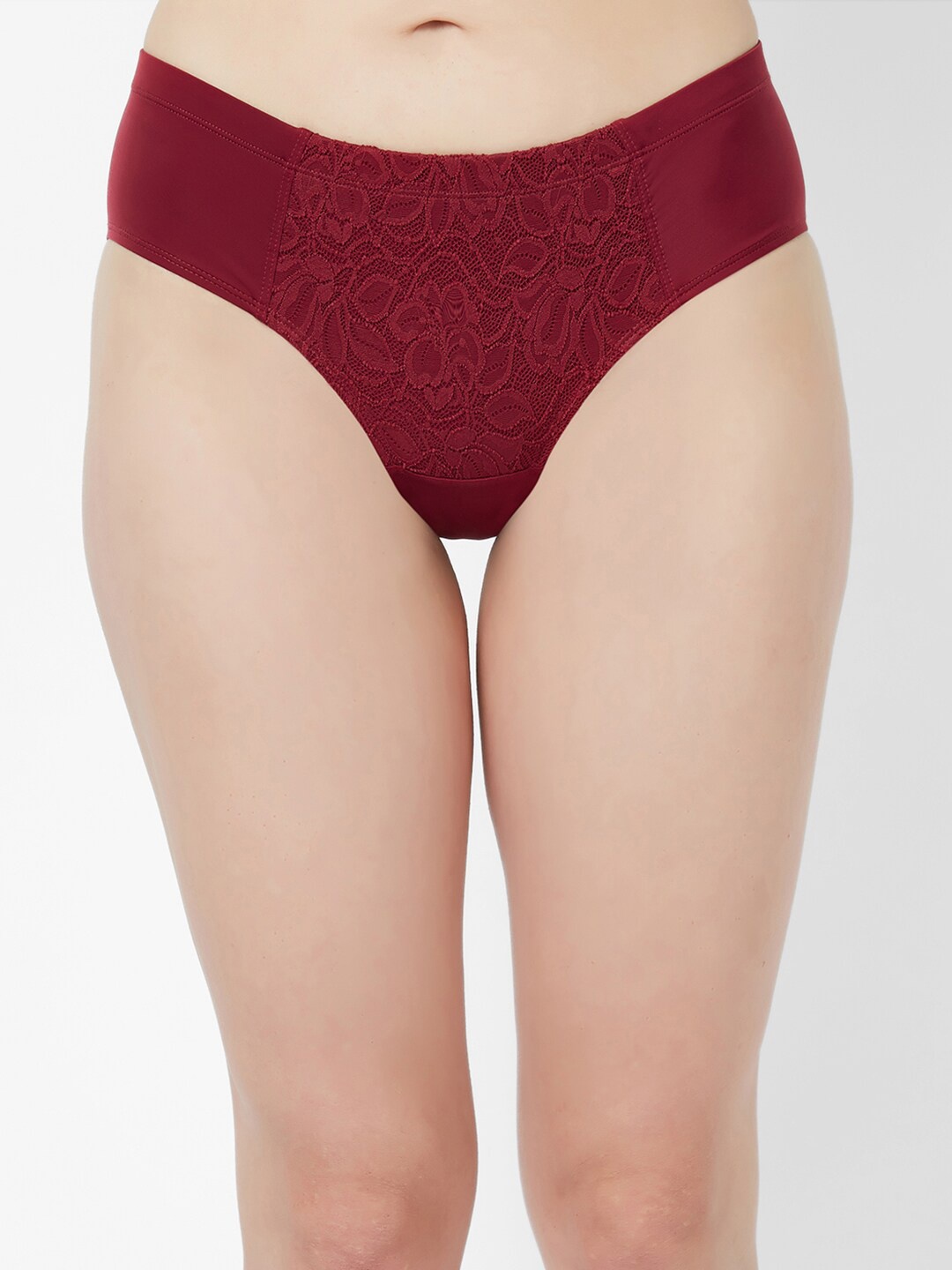 Soie Women High Waist Full Coverage Lace Brief, Maroon