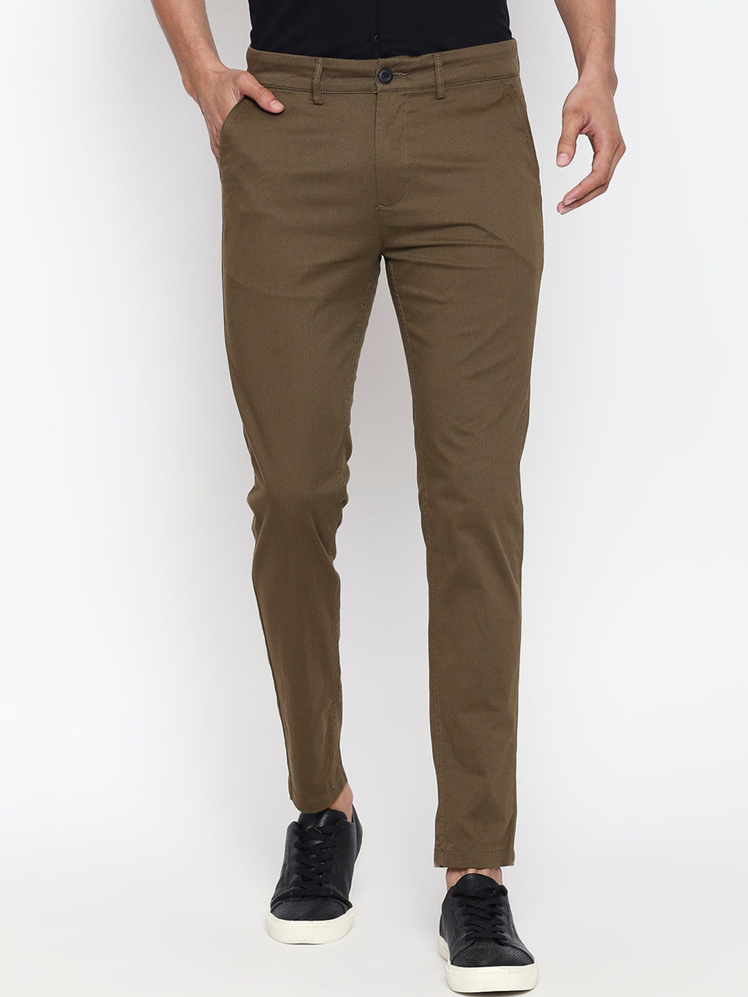 

People Men Olive Green Skinny Fit Solid Regular Trousers
