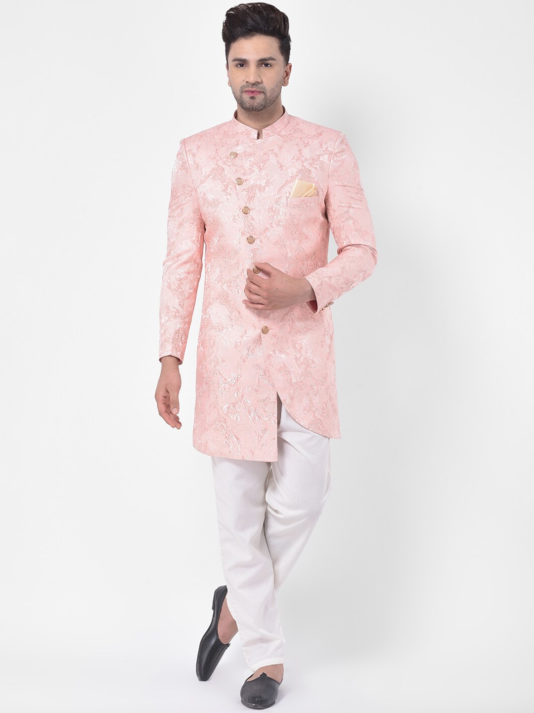 

LUXURAZI Men Pink & White Woven-Design Jacquard Sherwani