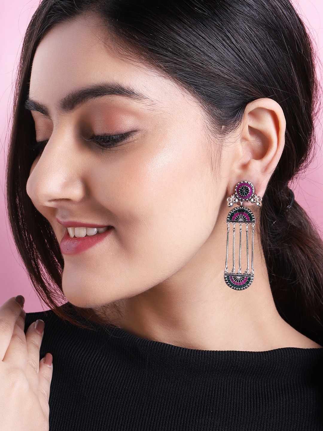 

Rubans Silver-Plated & Green Contemporary Drop Earrings