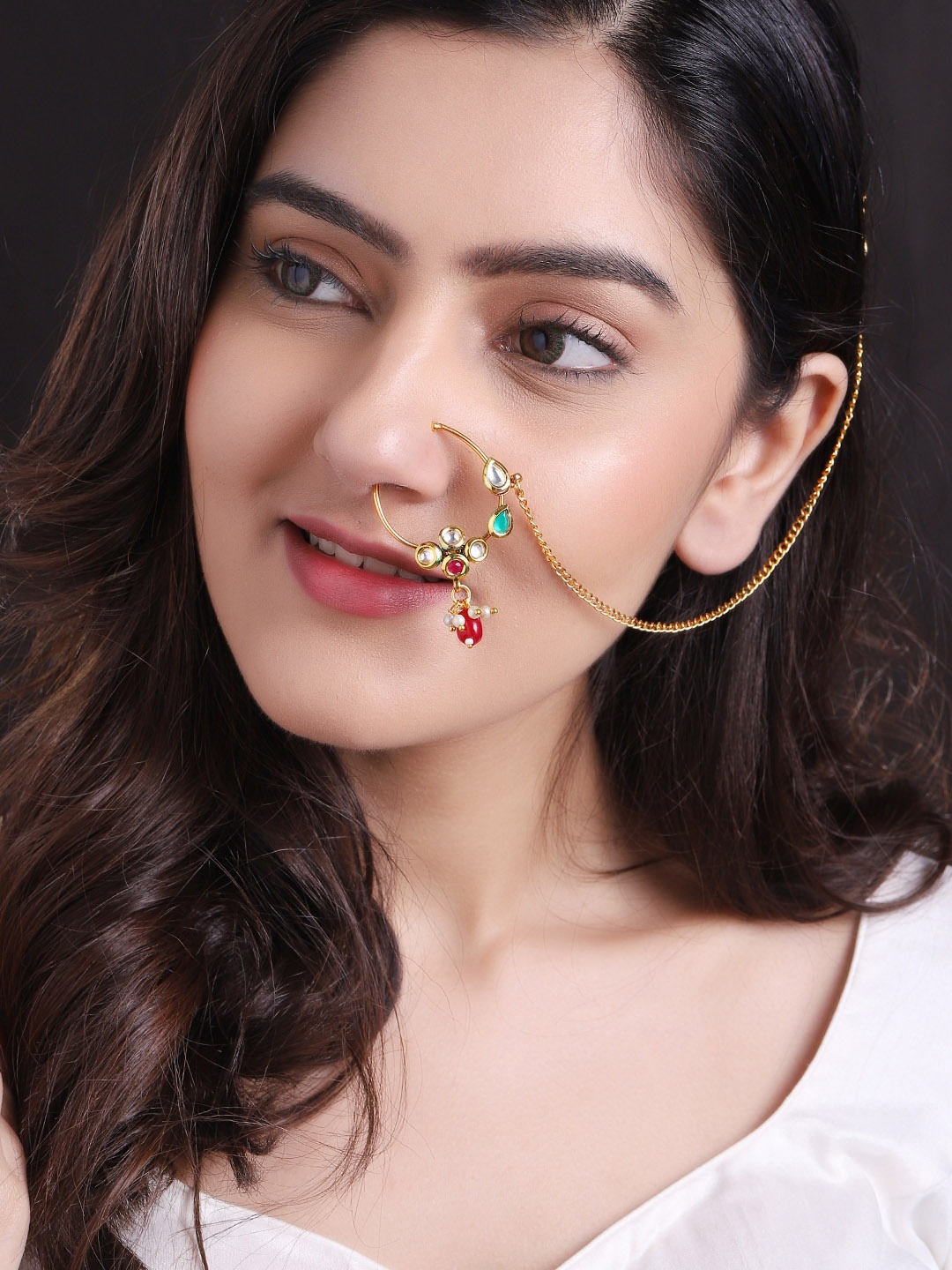 

Rubans 24K Gold-Plated Red & Green Kundan & Beads Studded Handcrafted Chained Nose Ring