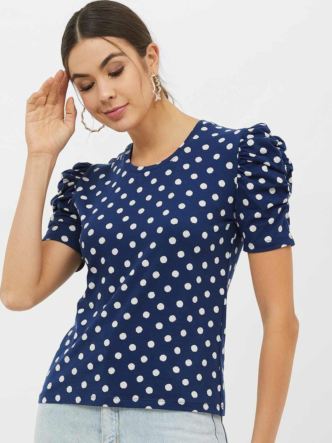

Harpa Women Navy Blue Printed Polo Collar T-shirt