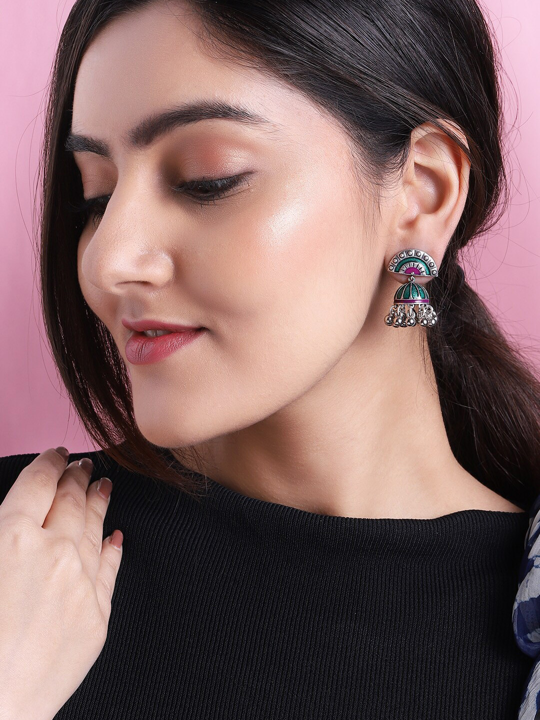 

Rubans Silver-Plated & Green Contemporary Jhumkas