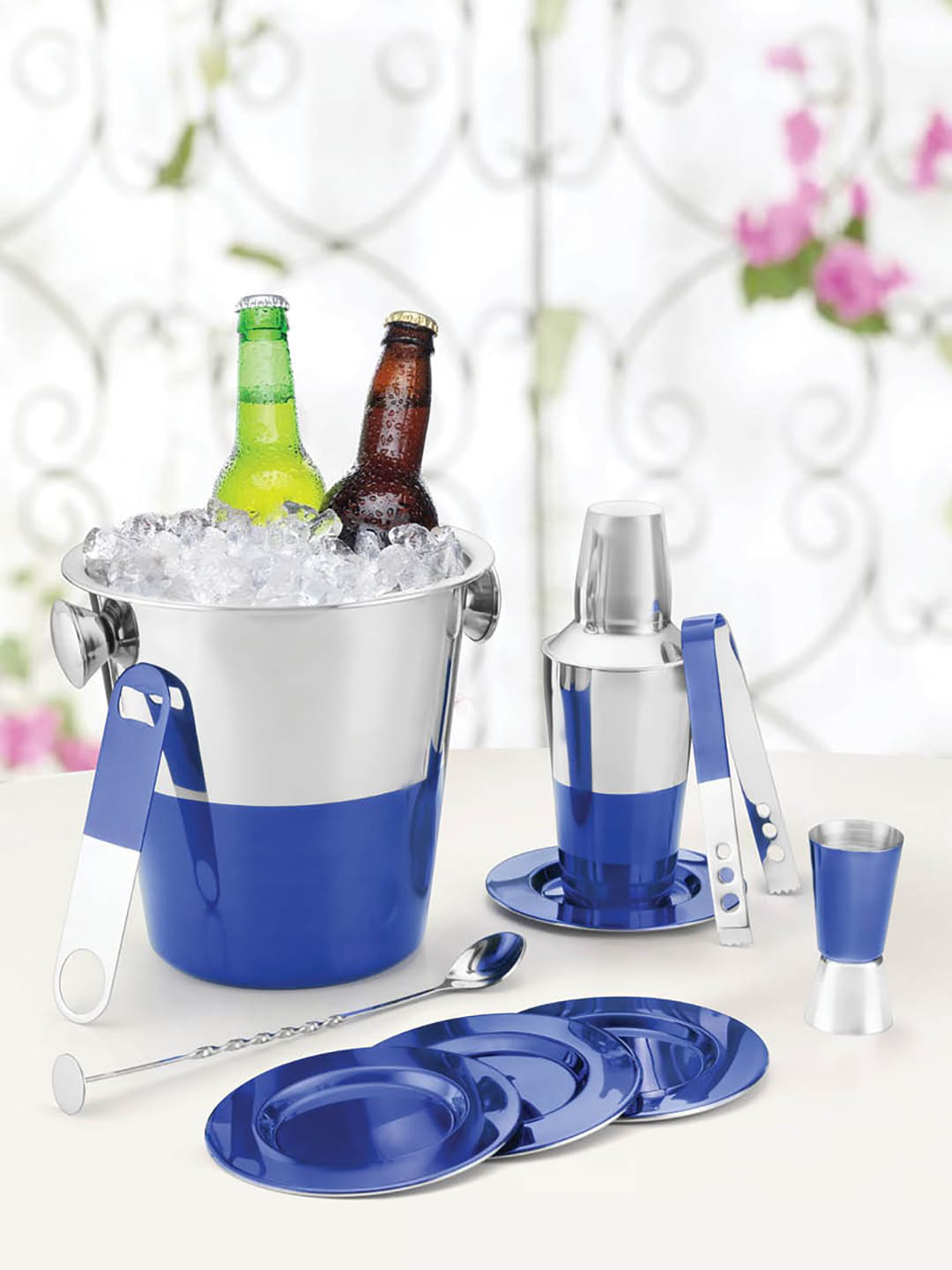 

URBAN CHEF Set Of 10 Silver-Toned & Blue Stainless Steel Cocktail Set