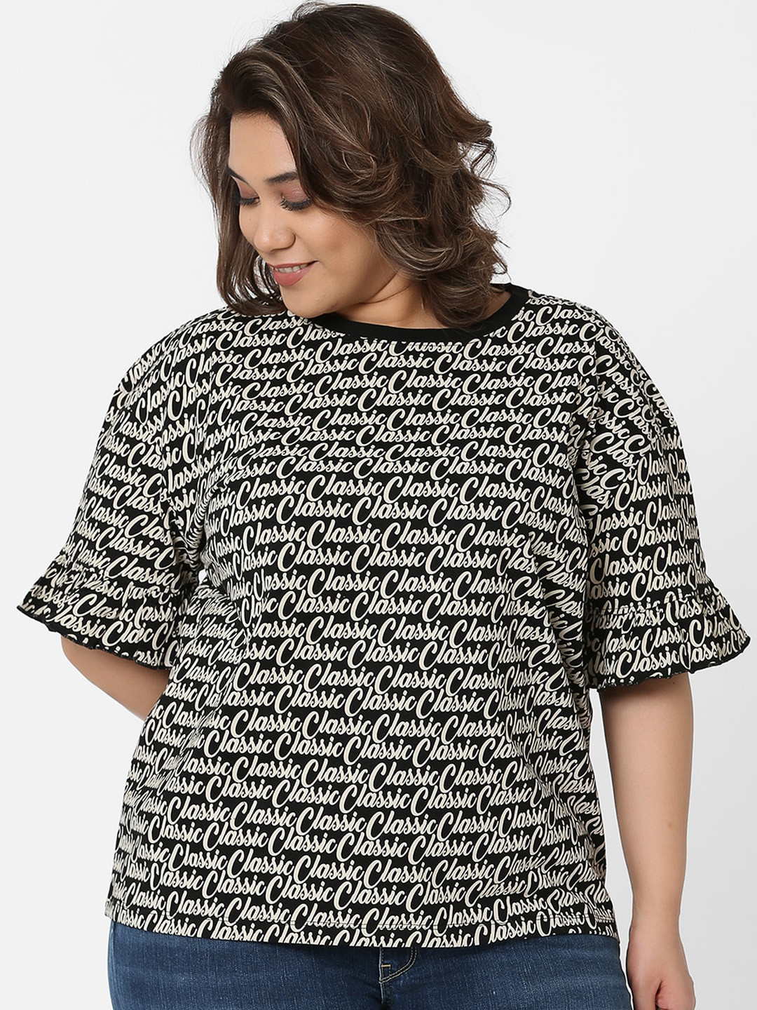

MARCA Bold Women Black Printed Round Neck Pure Cotton T-shirt