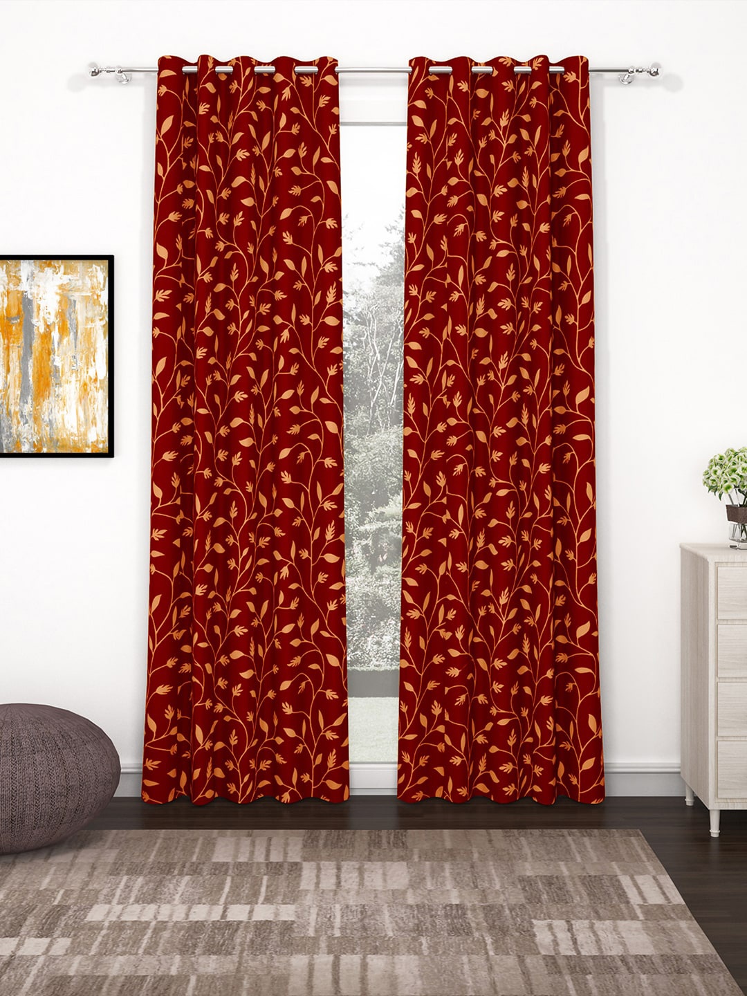 

Bedspun Set Of 2 Maroon & Orange Printed Polyetser Eyelet Ringtop Door Curtains