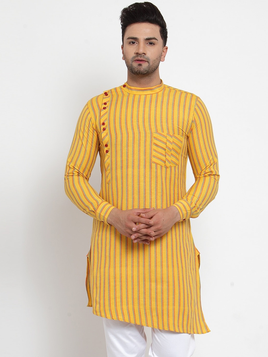 

KLOTTHE Men Yellow Striped Straight Kurta