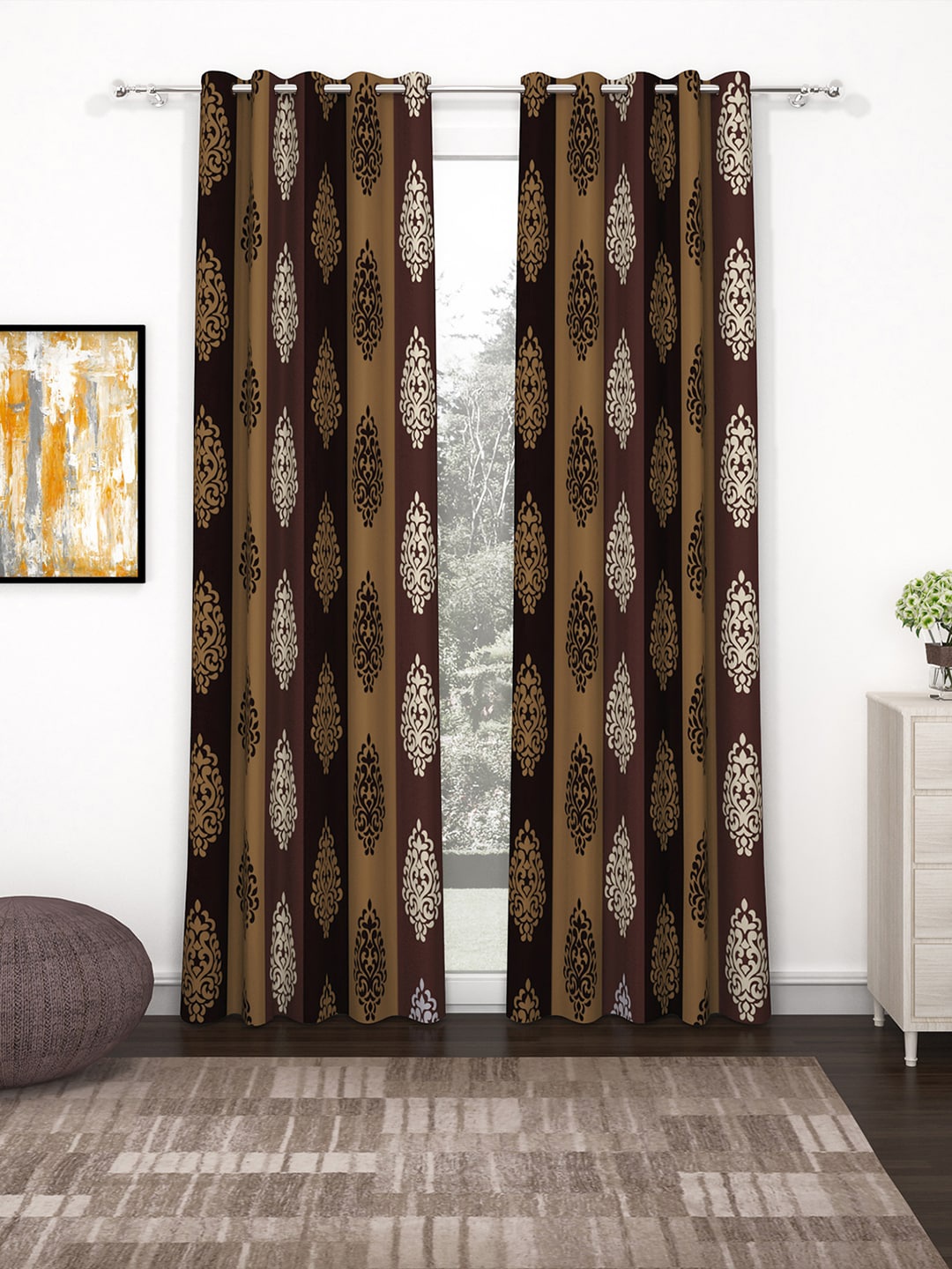 

Bedspun Set Of 2 Brown & White Printed Polyetser Eyelet Ringtop Door Curtains