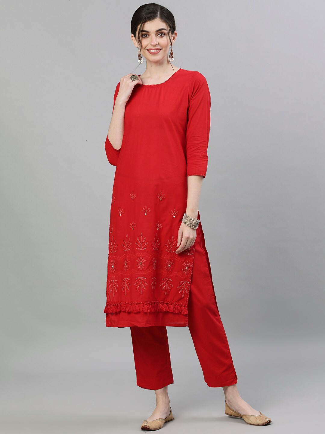 

Ishin Women Red Embroidered Kurta with Trousers