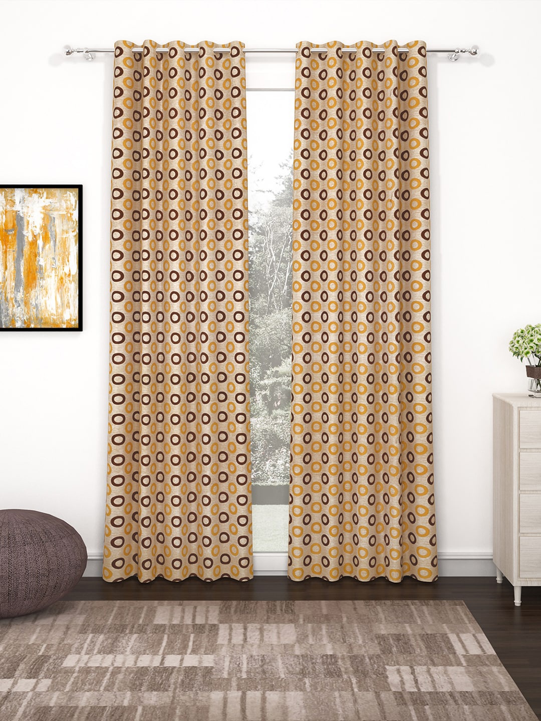 

Bedspun Set Of 2 Brown & Beige Printed Polyester Eyelet Ringtop Door Curtains