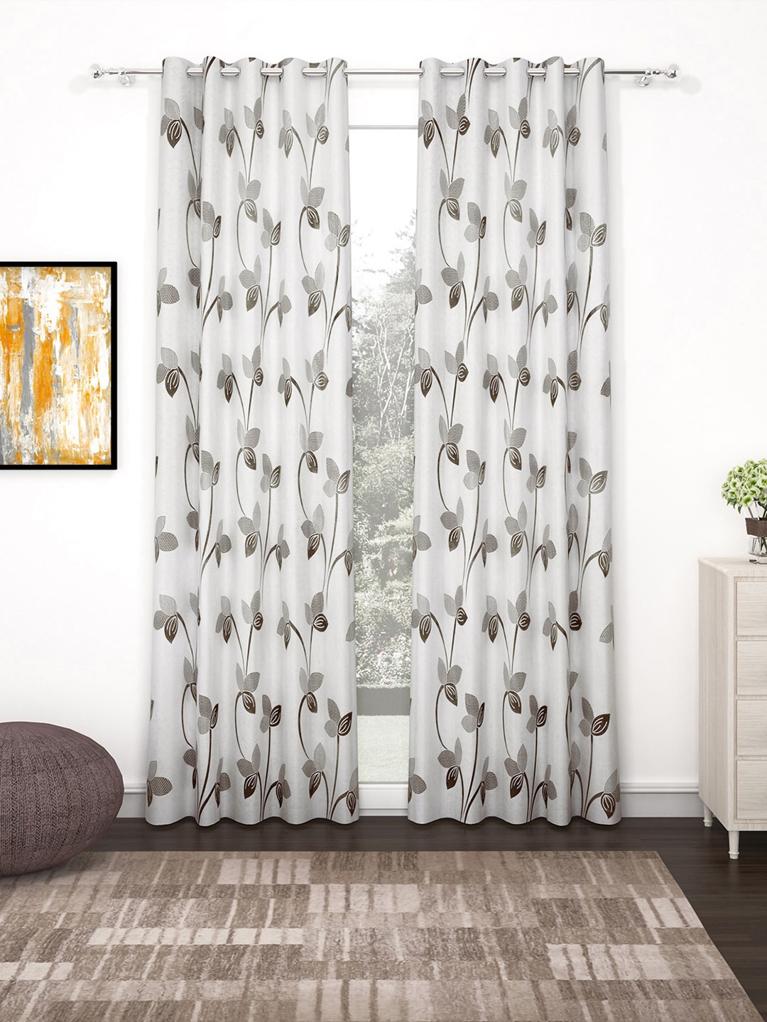 

Bedspun Set Of 2 White & Green Printed Polyetser Eyelet Ringtop Door Curtains