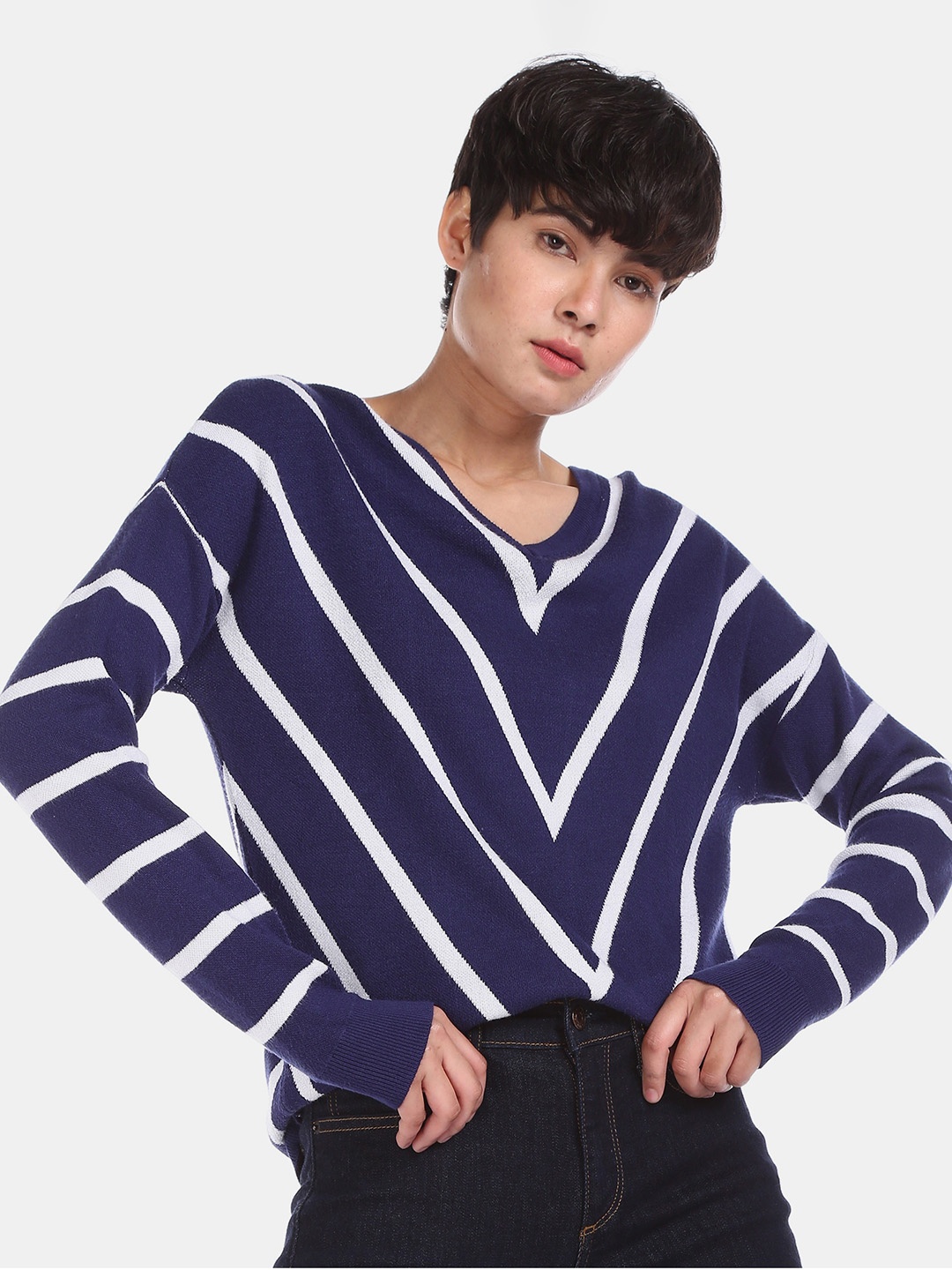 

U.S. Polo Assn. Women Navy Blue & White Striped Pullover Sweater
