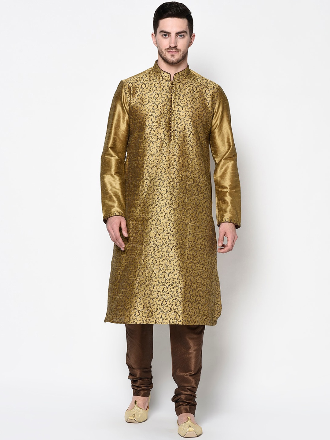 

DEYANN Men Gold-Toned & Brown Printed Kurta with Pyjamas