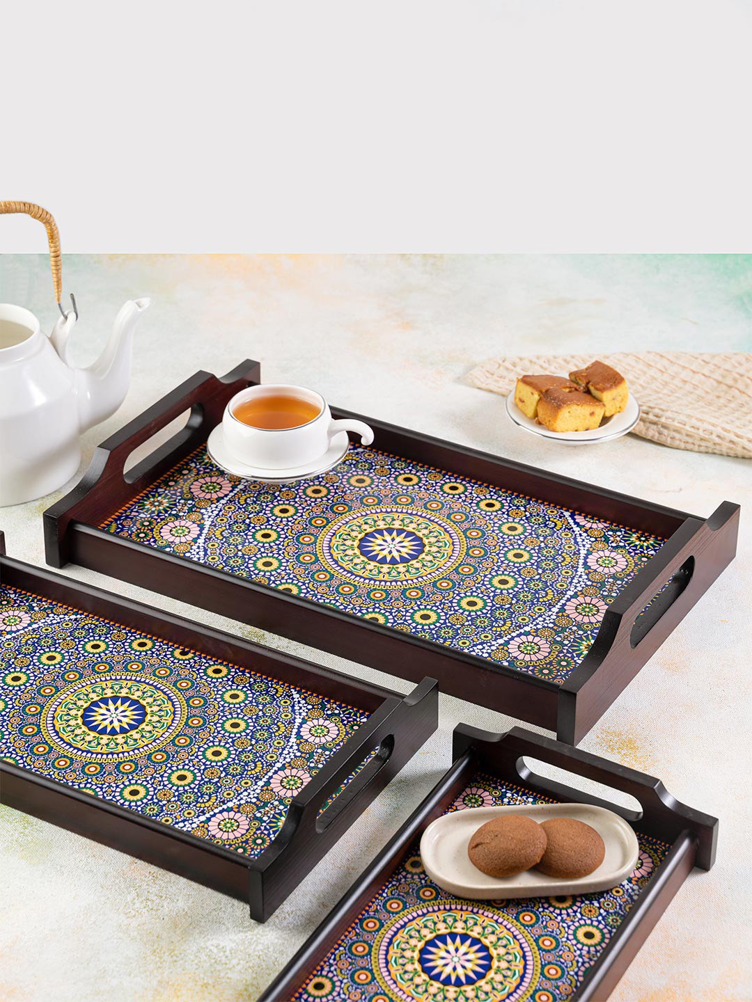 

KOLOROBIA Blue & Yellow Moroccan Inspiration Print Medium Wooden Tray