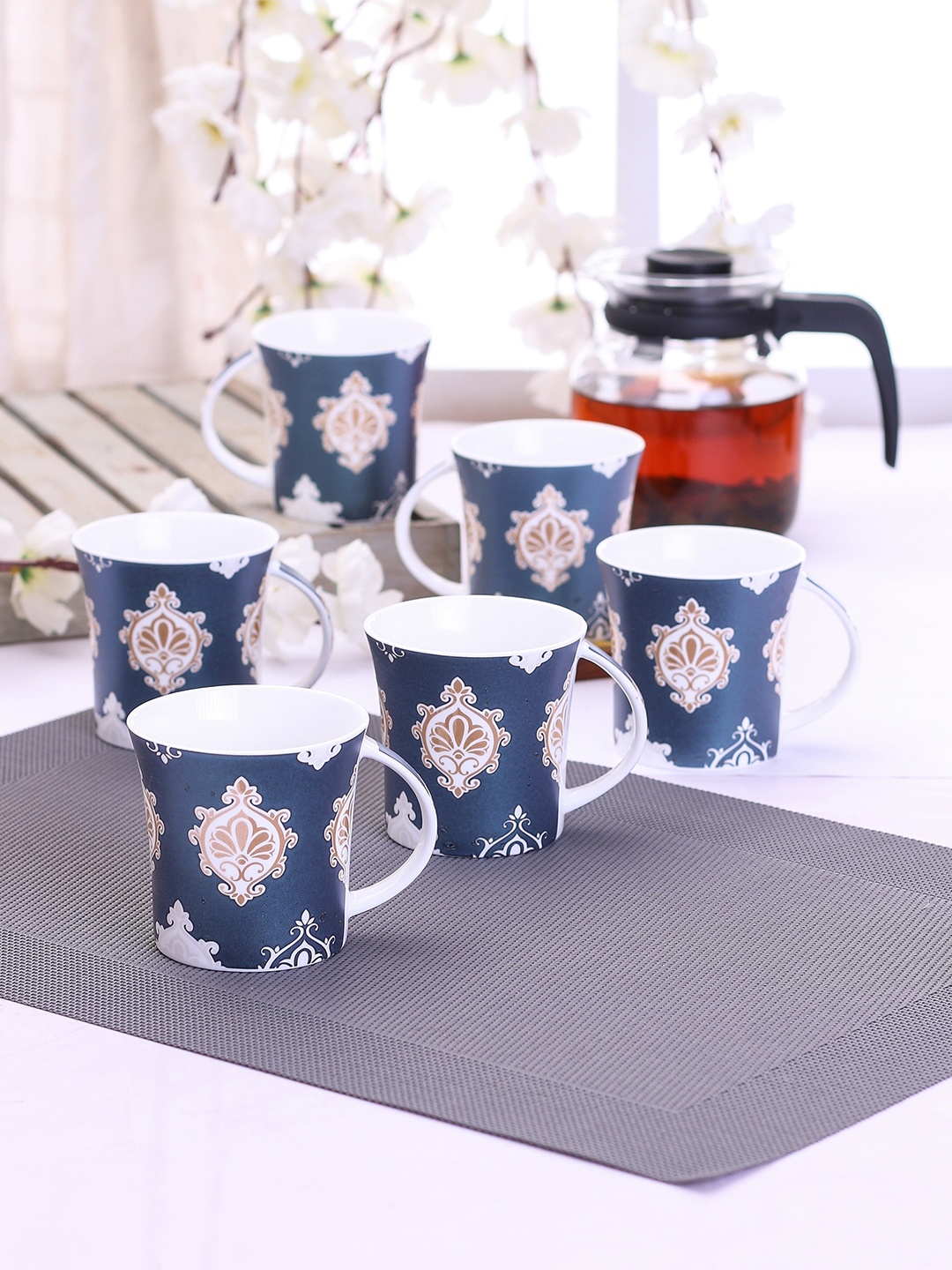 CLAY CRAFT Set Of 6 Blue & Brown Floral Printed Ceramic Mugs