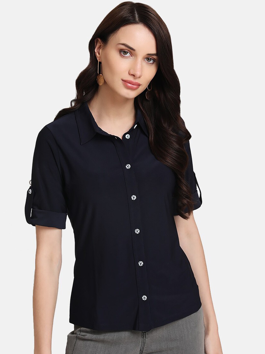 

Kazo Women Navy Blue Skinny Fit Solid Casual Shirt