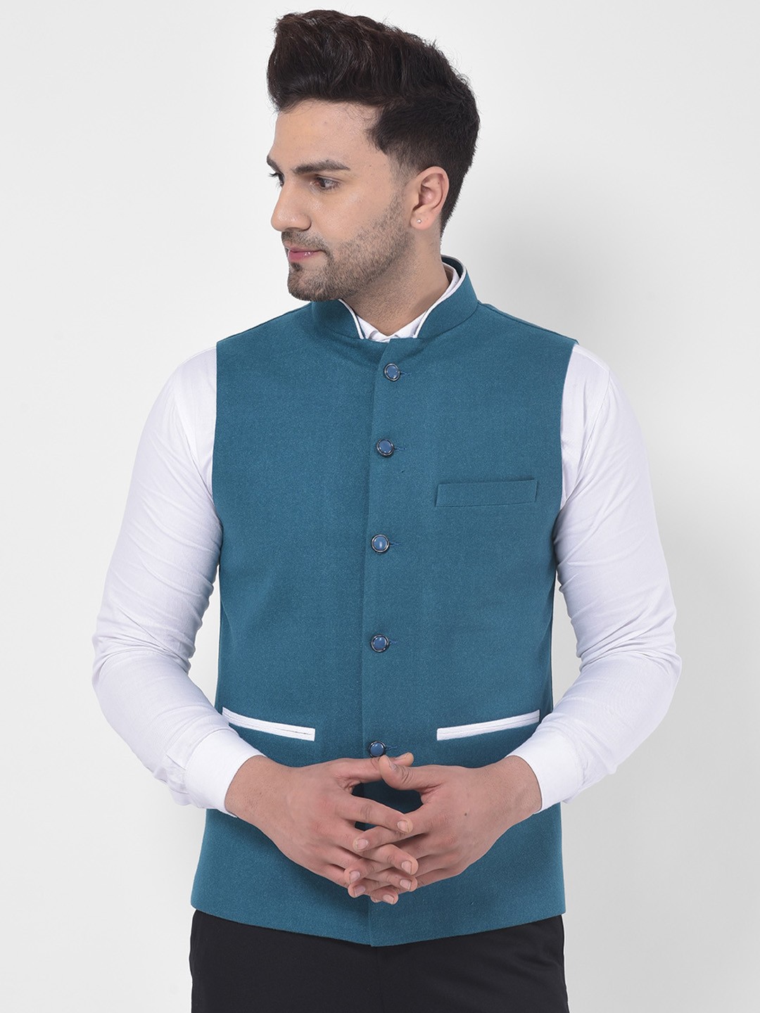 

LUXURAZI Men Blue Solid Woven Nehru Jacket