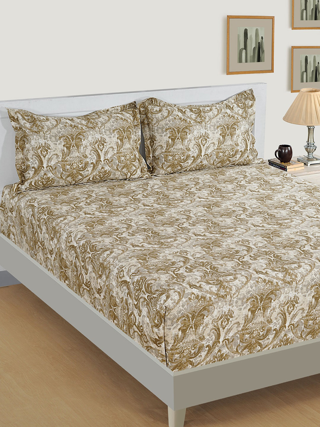 

SWAYAM Brown & White Abstract 600 TC 100% Cotton Double King Bedsheet with 2 Pillow Covers