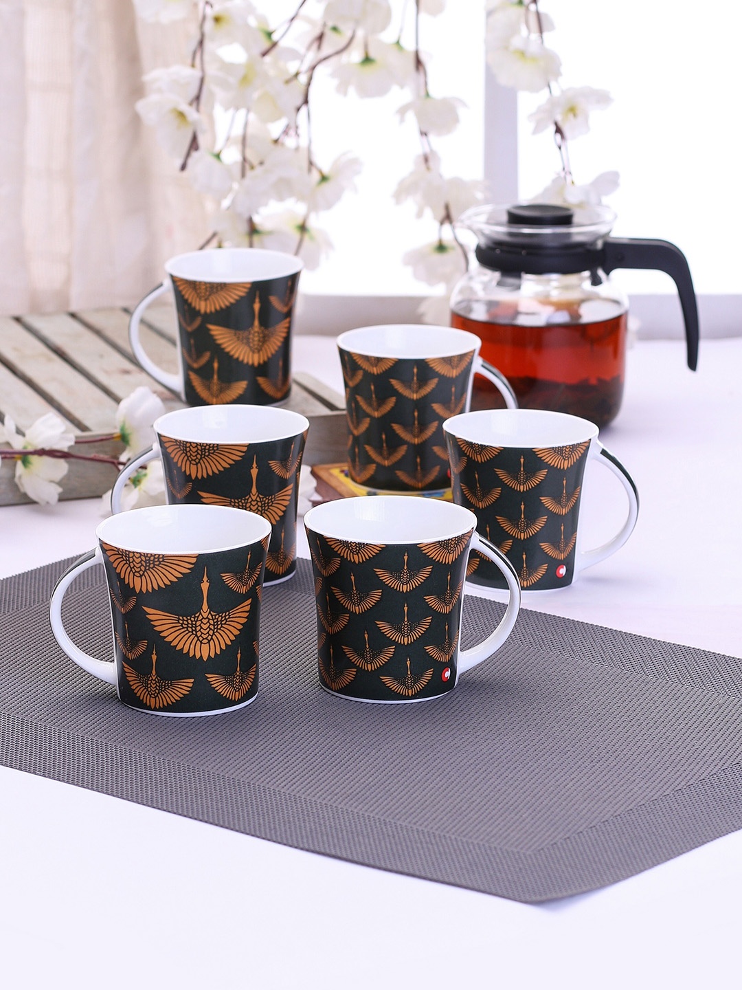 

Clay craft Set Of 6 Black & Orange Floral Printed Mugs
