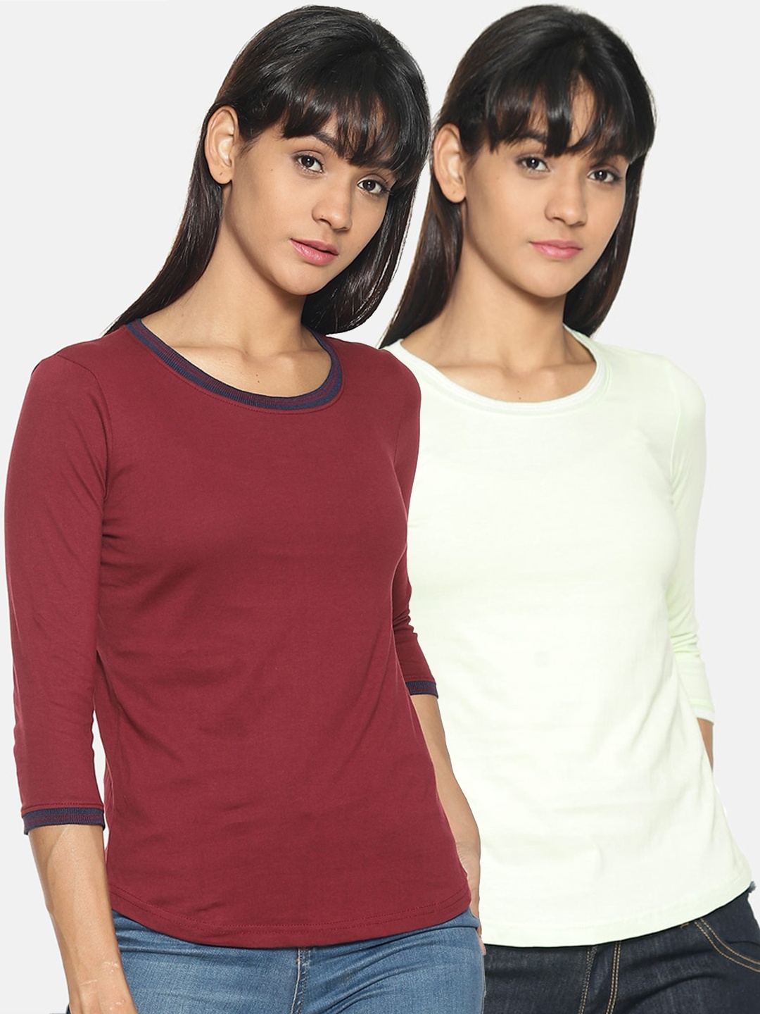 

Kryptic Women Pack Of 2 Lime Green Burgundy Solid Round Neck Pure Cotton T-shirts