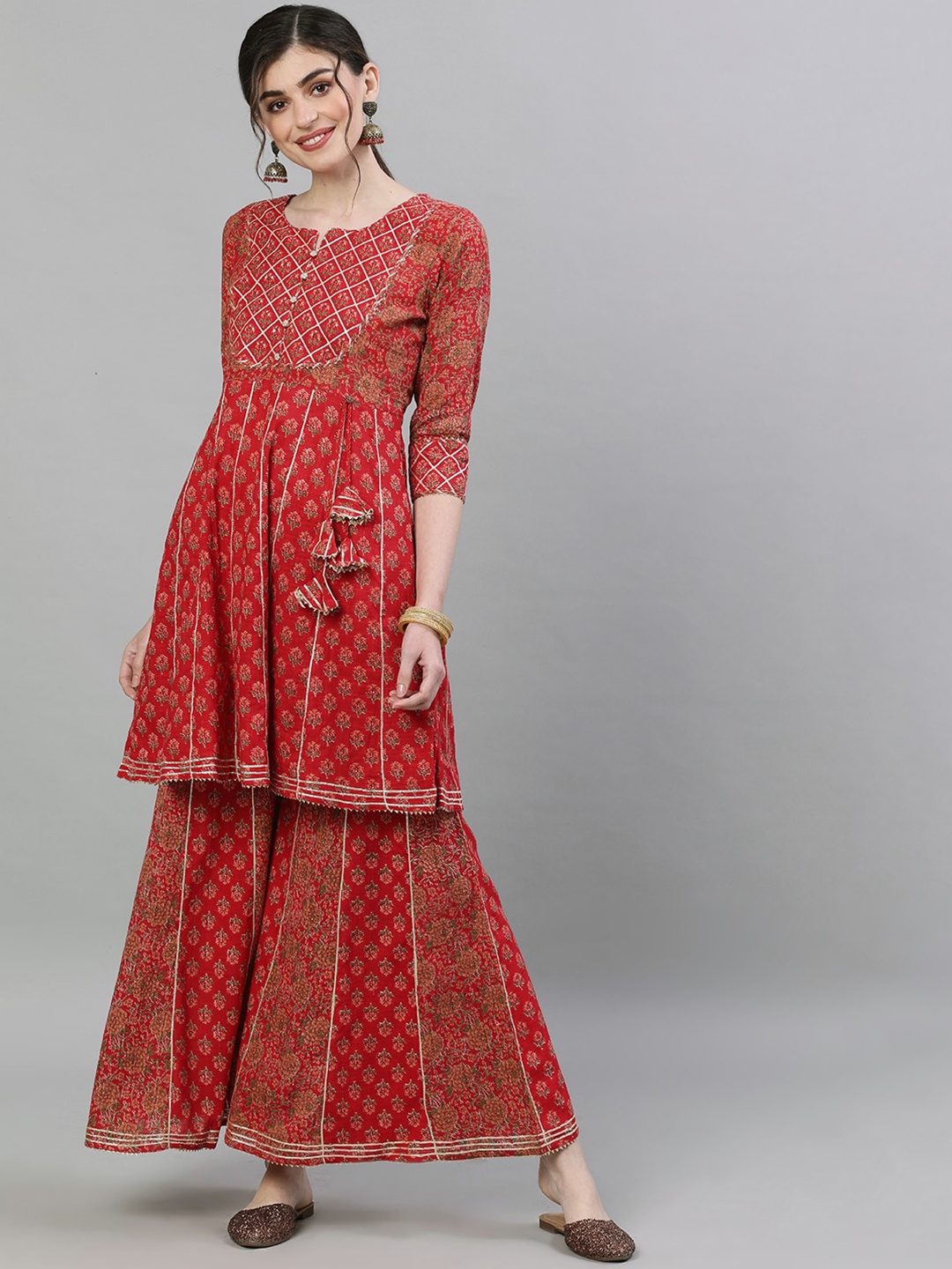 

Ishin Women Red Printed Kurti with Sharara