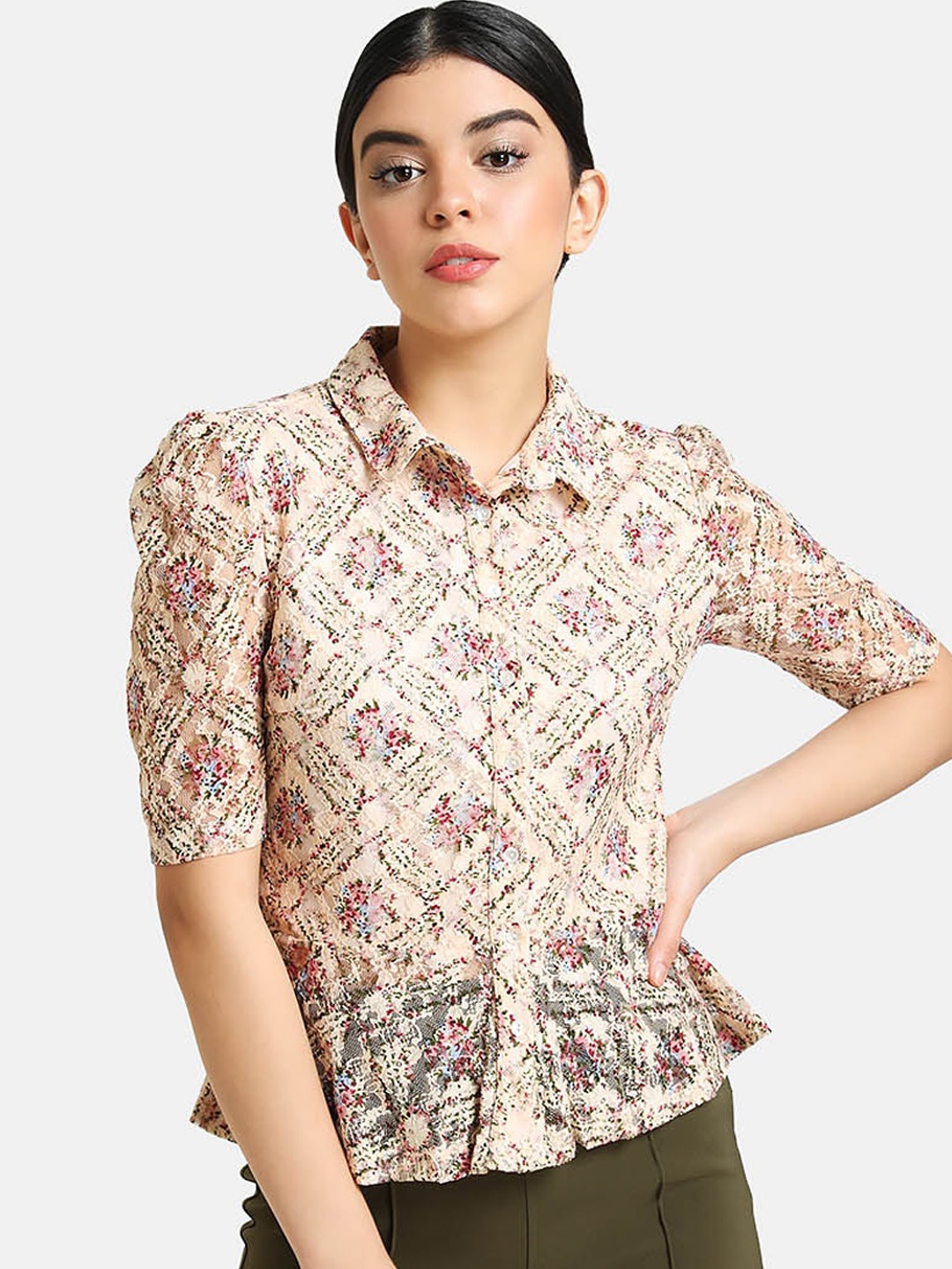 

Kazo Women Beige Regular Fit Printed Casual Shirt