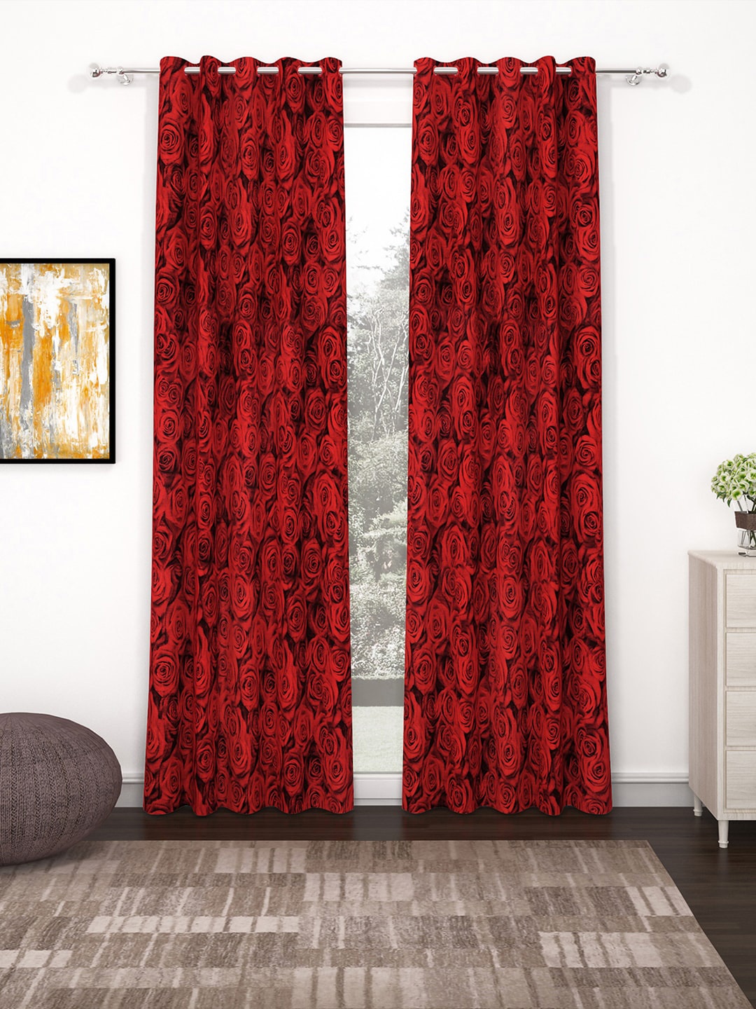 

Bedspun Set Of 2 Red Printed Polyester Eyelet Ringtop Door Curtains-7 feet