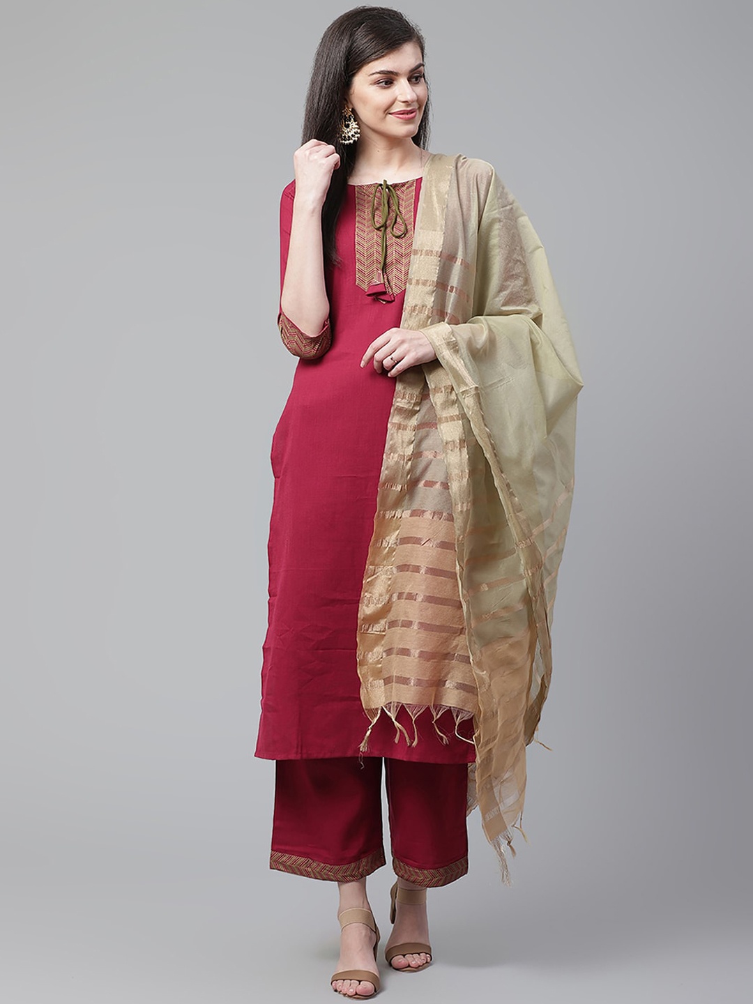 

Indo Era Women Magenta Solid Kurta with Palazzos & Dupatta