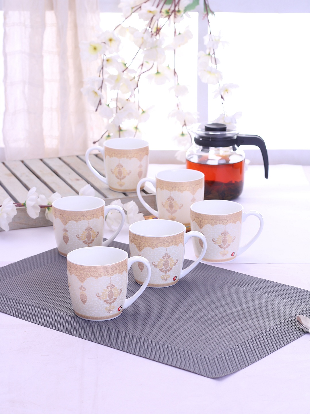 

CLAY CRAFT Set Of 6 Cream Coloured & Beige Floral Printed Ceramic Cups