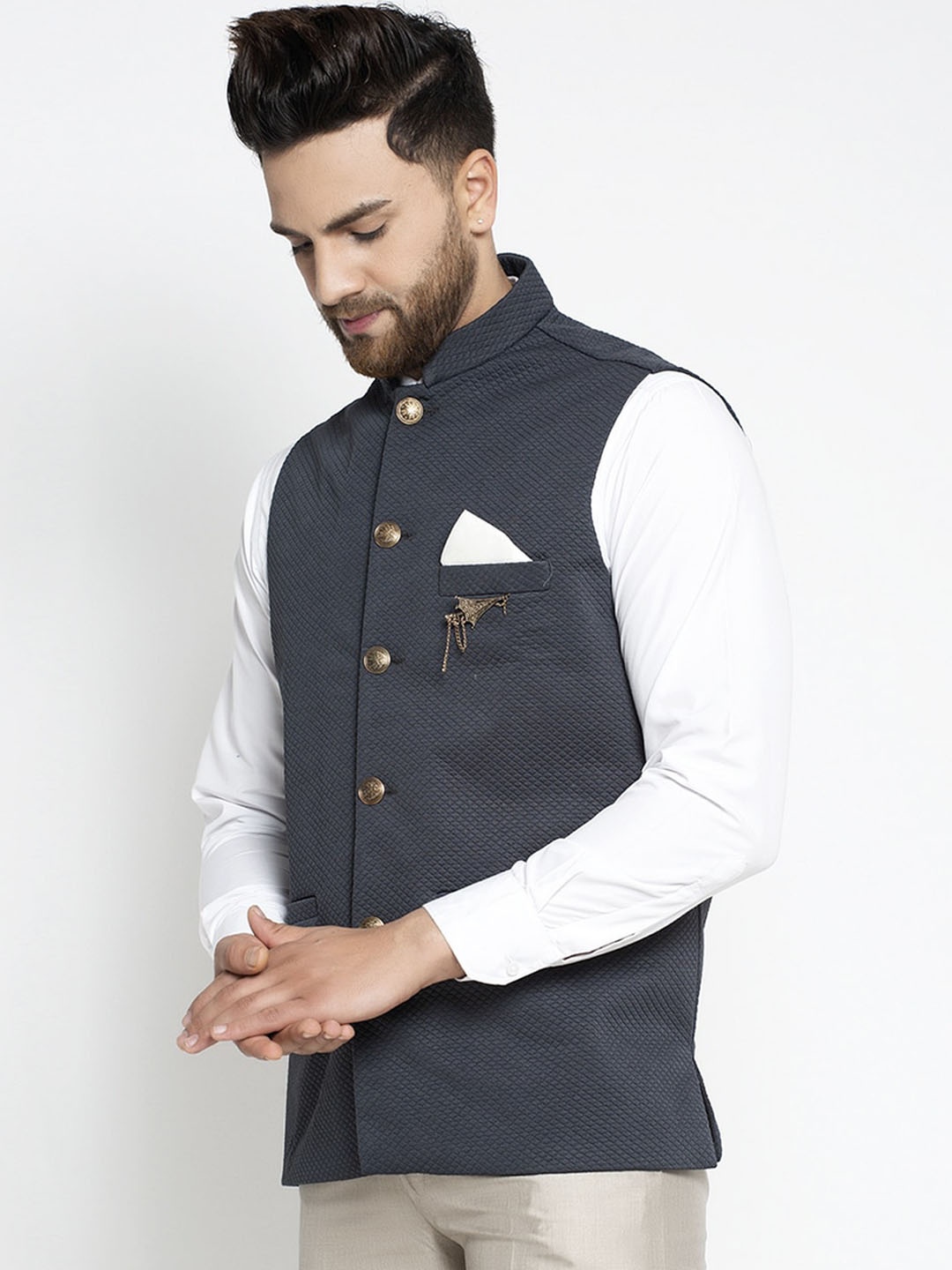 

Jompers Men Grey Woven Design Pure Cotton Nehru Jacket