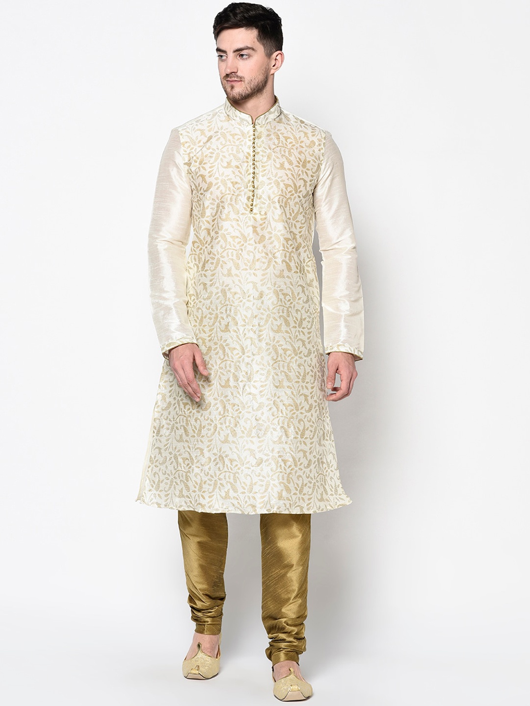 

DEYANN Men Off-White & Gold-Toned Woven Design Kurta with Churidar