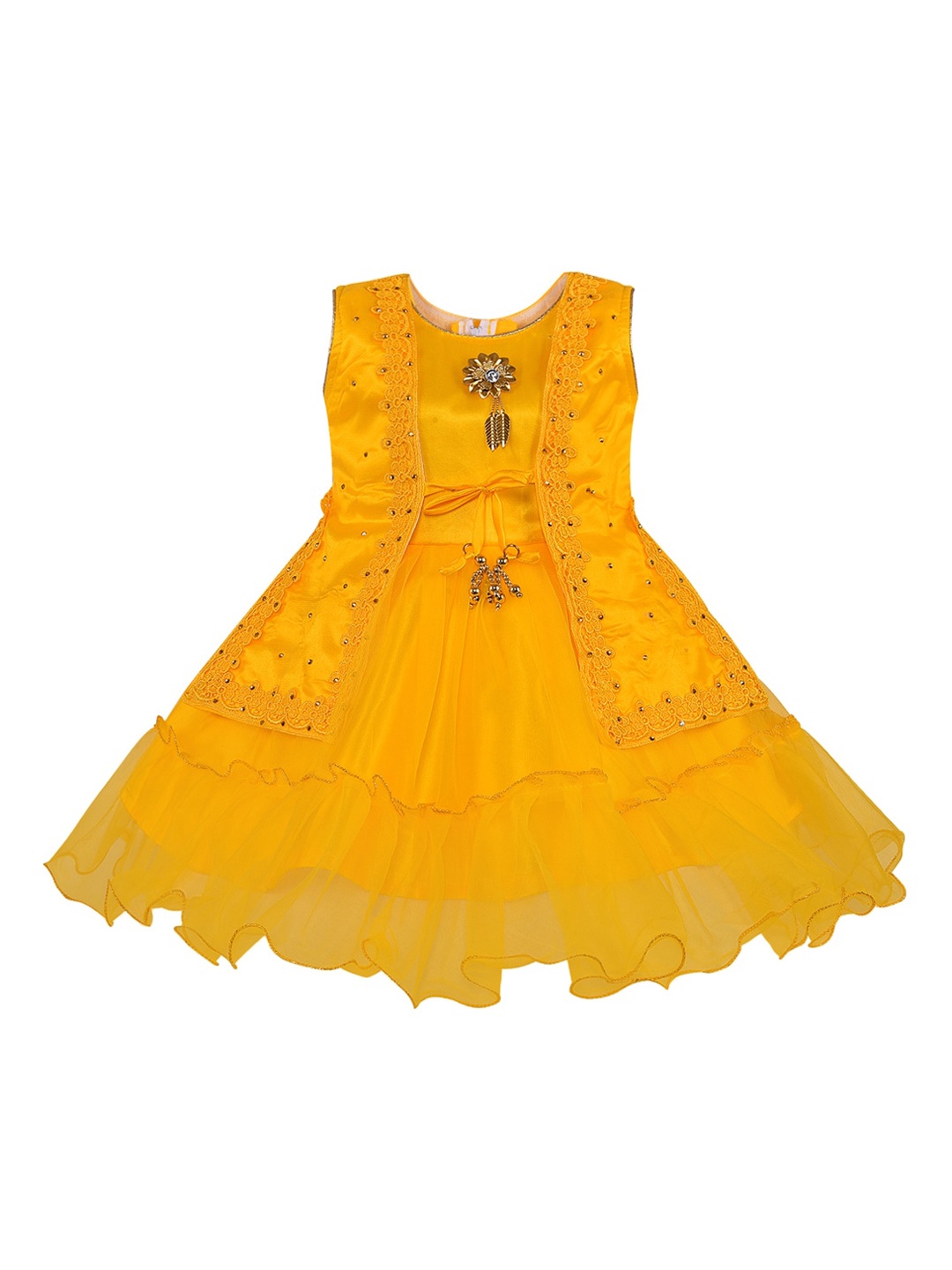 

Wish Karo Girls Yellow Solid Fit and Flare Dress with Embellished Ornamentation