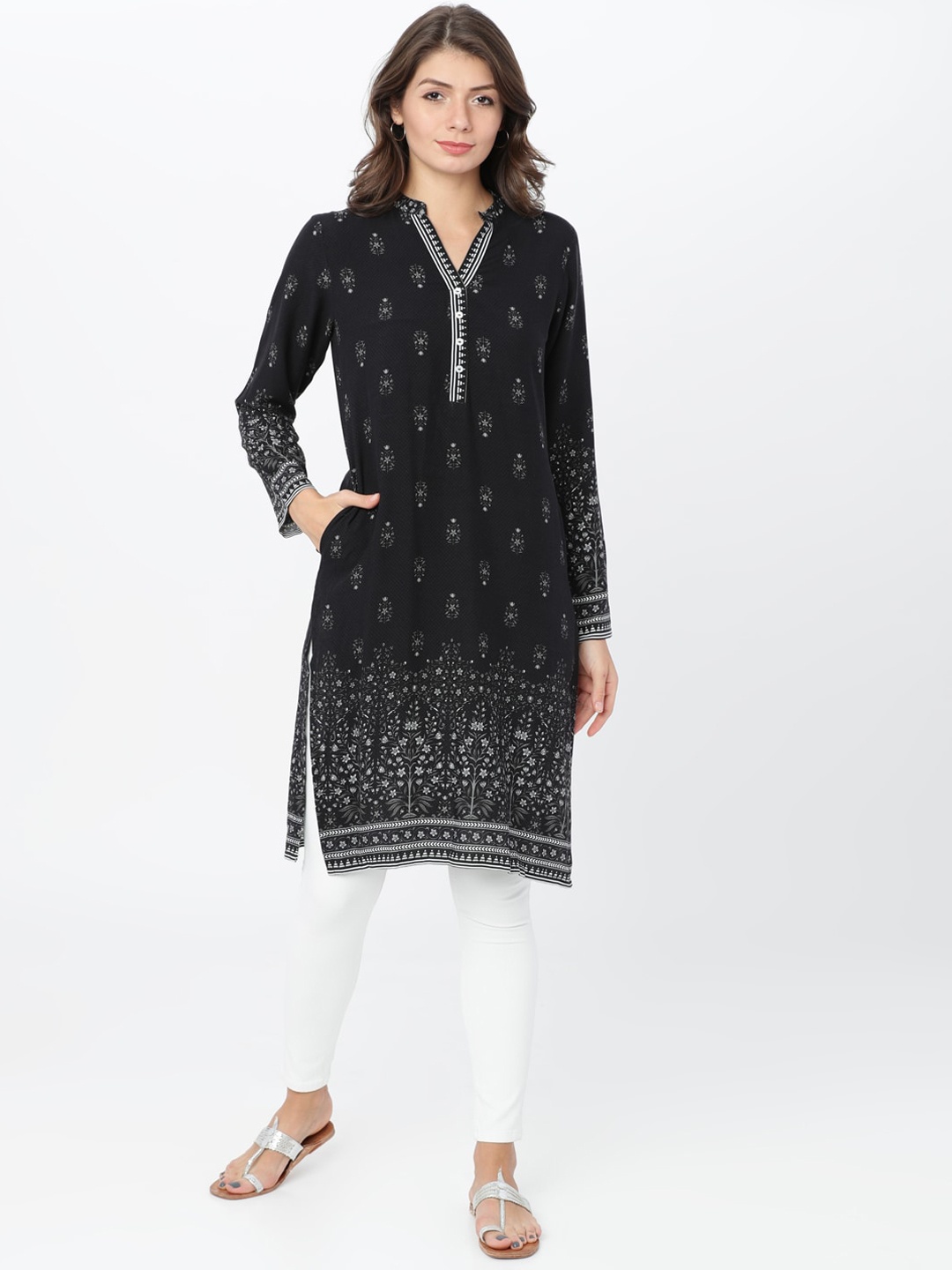 Vishudh Women Black & Grey Printed Straight Kurta