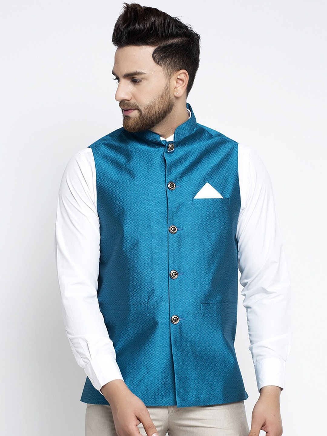 

Jompers Men Blue Woven Design Nehru Jacket