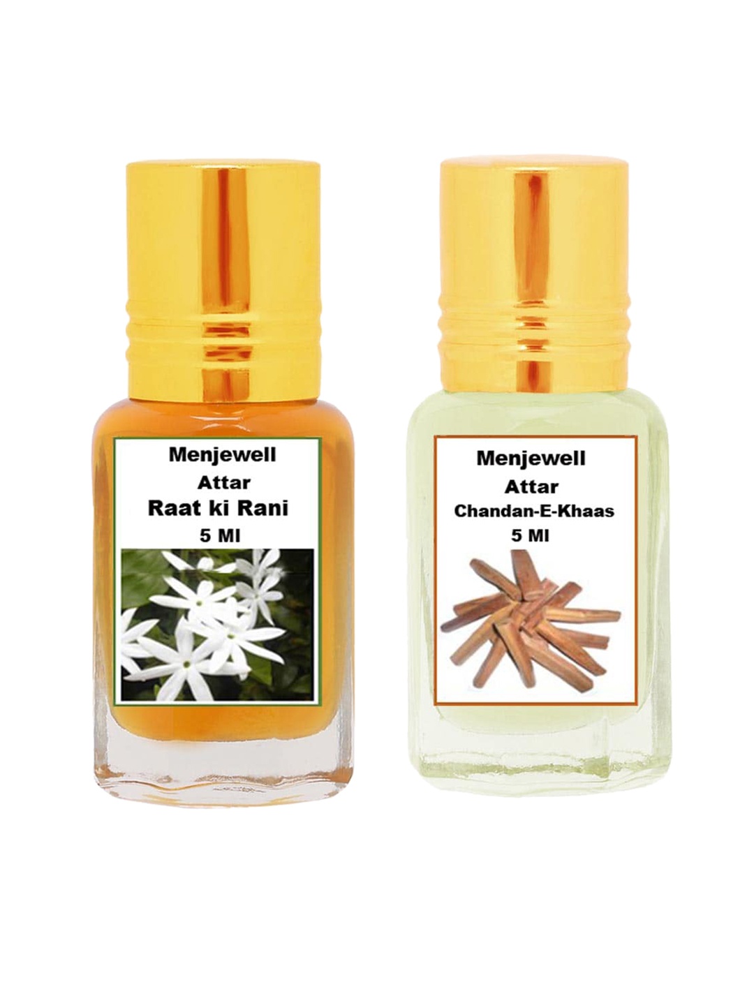 

Menjewell Attar Unisex Pack Of 2 Chandan-E-Khaas Rat-Ki-Rani Attar 10 ml, Green