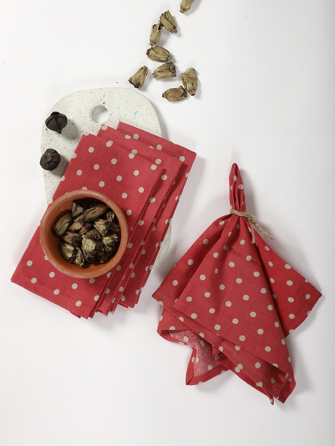 Contrast Living Set Of 4 Red & White Printed Table Napkins