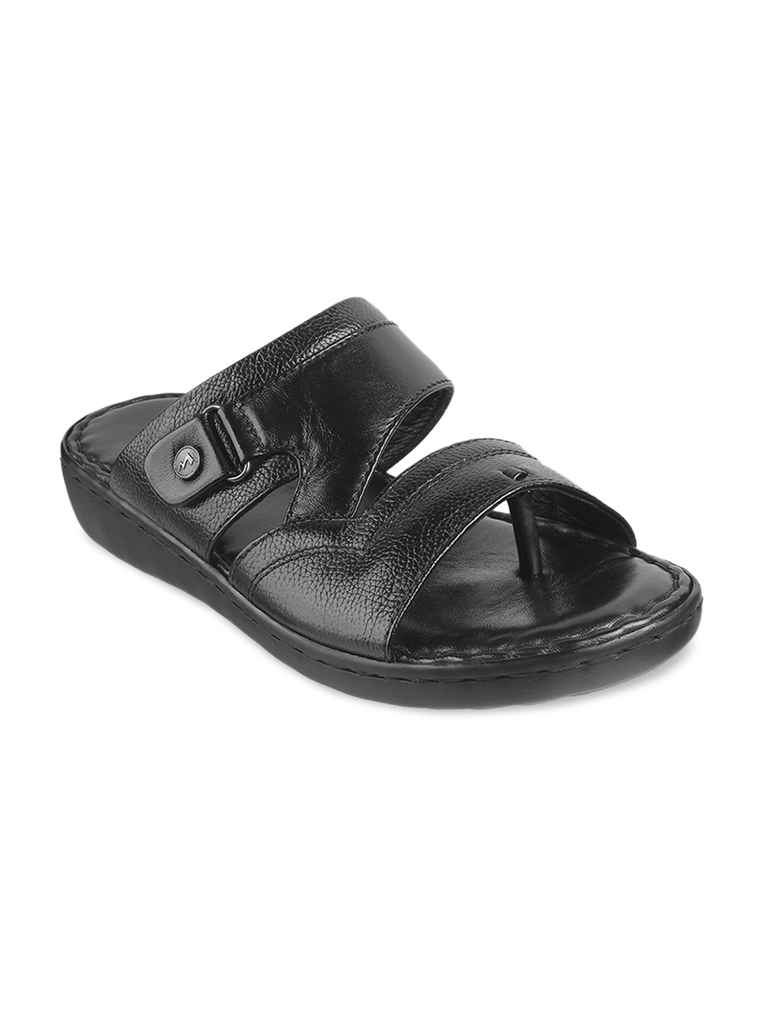 

Metro Men Black Solid Leather Comfort Sandals
