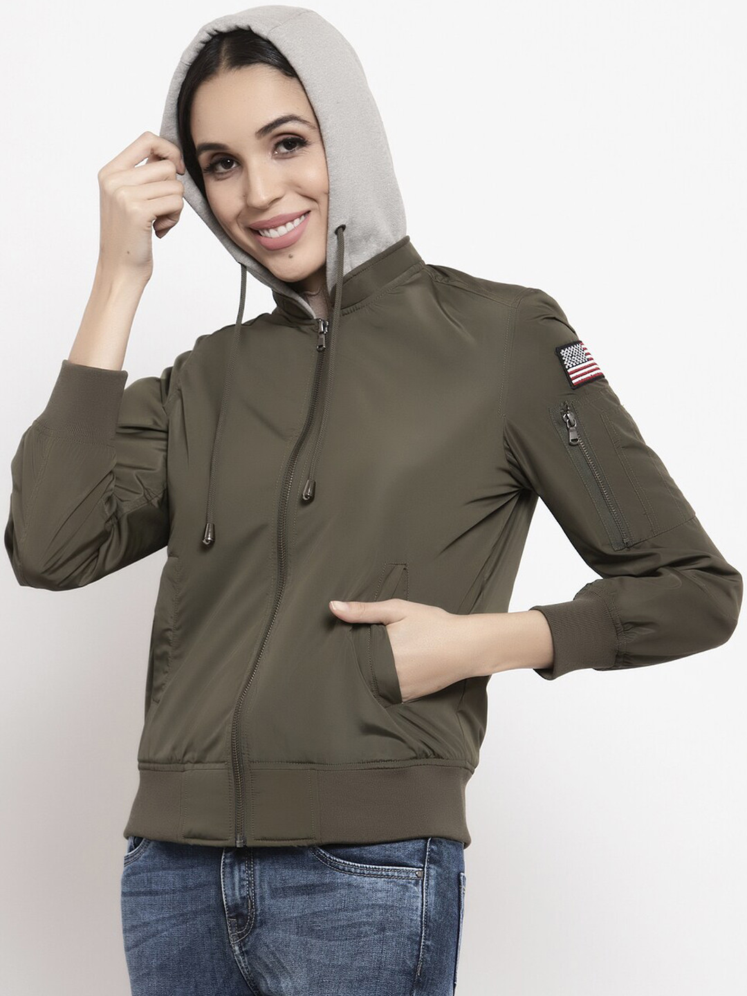 

Gipsy Women Olive Green Solid Bomber Jacket