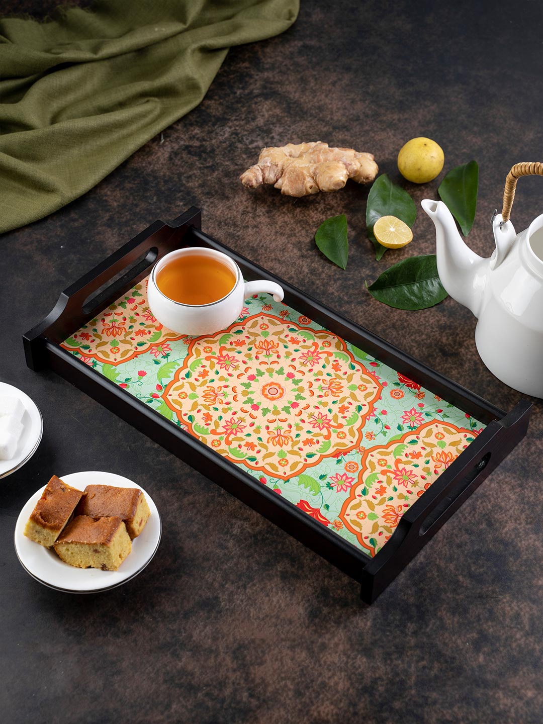 

KOLOROBIA Orange & Blue Ornate Mughal Print Medium Wooden Tray