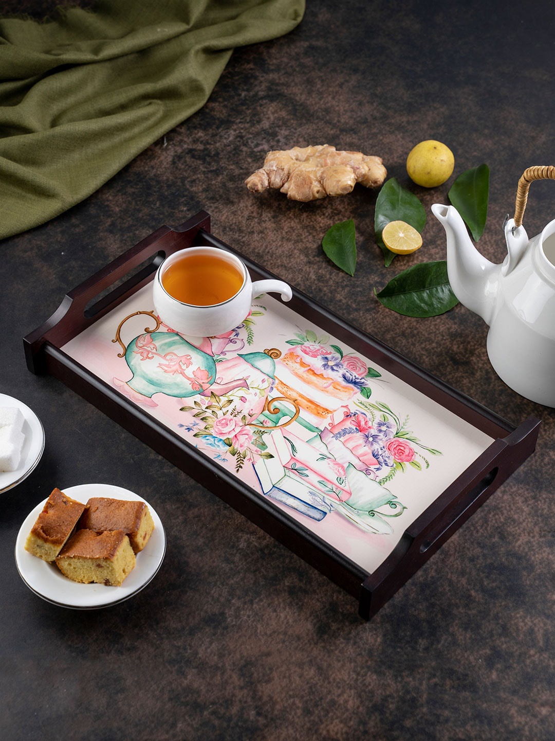 

KOLOROBIA Pink & Green Printed English Tea Party Inspired Large Wooden Trays
