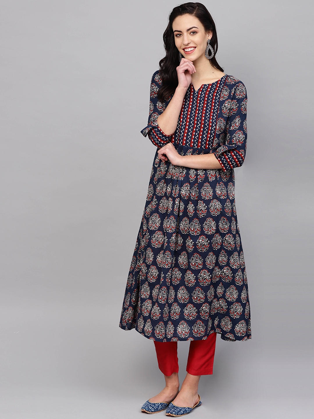 

Indo Era Women Navy Blue & Maroon Printed Anarkali Kurta