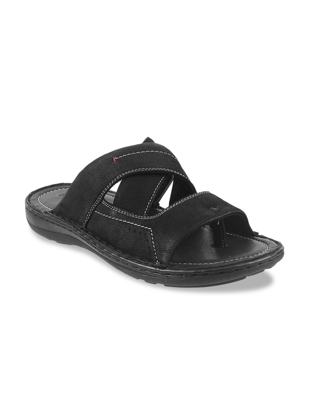 Metro Men Black Solid Leather Comfort Sandals