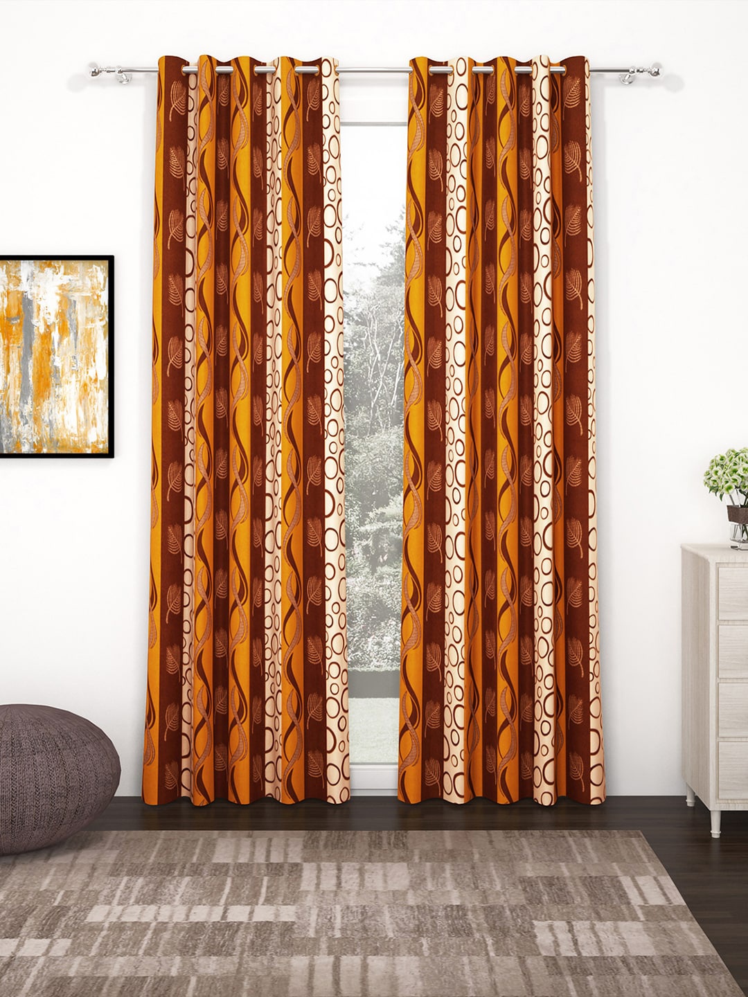 

Bedspun Set Of 2 Brown & Orange Printed Polyetser Eyelet Ringtop Door Curtains