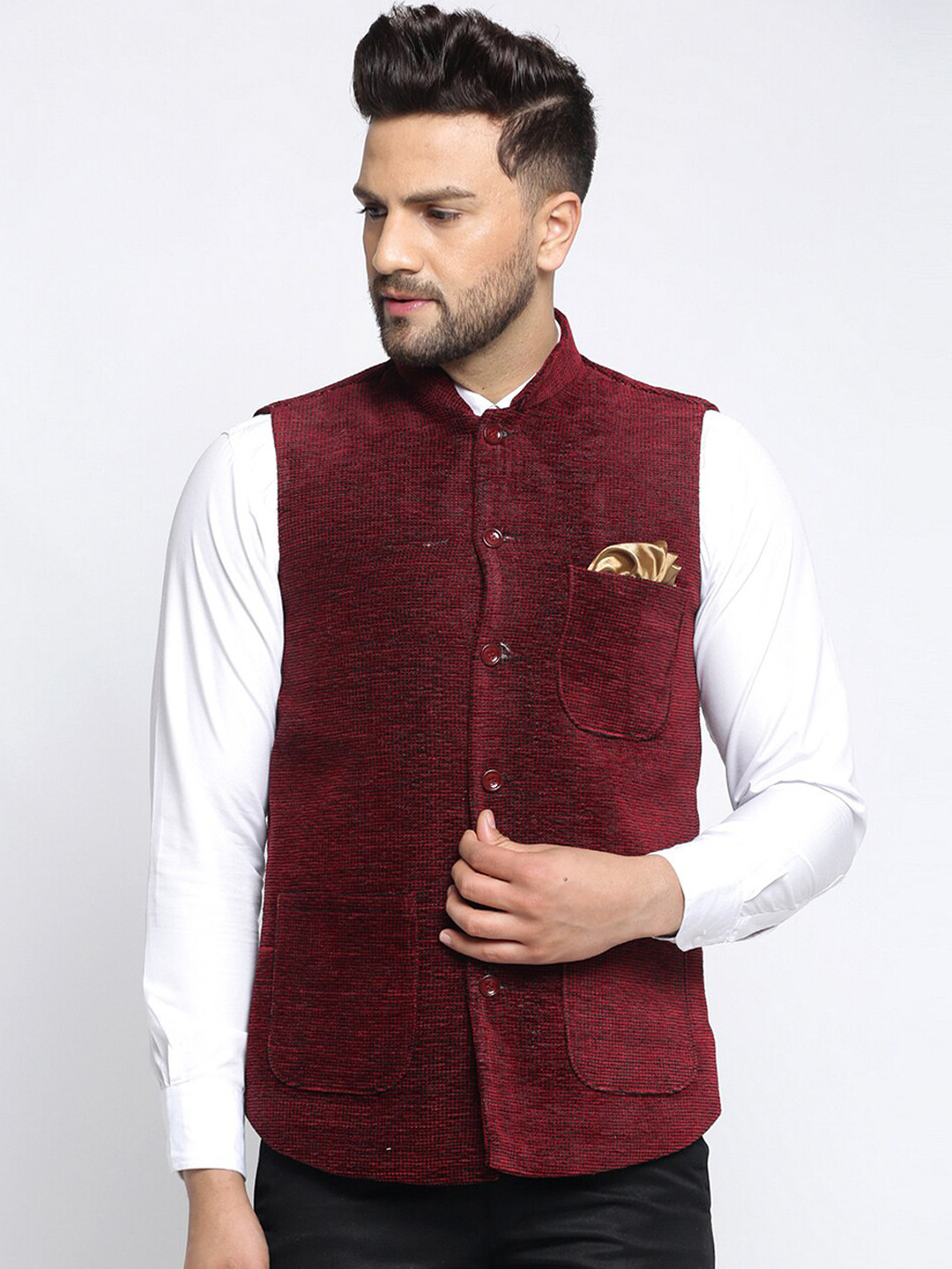 

KLOTTHE Men Maroon Woven-Design Nehru Jacket